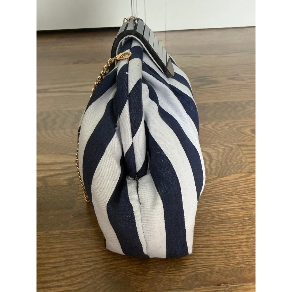Tommy Bahama Navy Blue White Striped Pleated Clutch Bag Gold Chain Strap - Picture 7 of 9